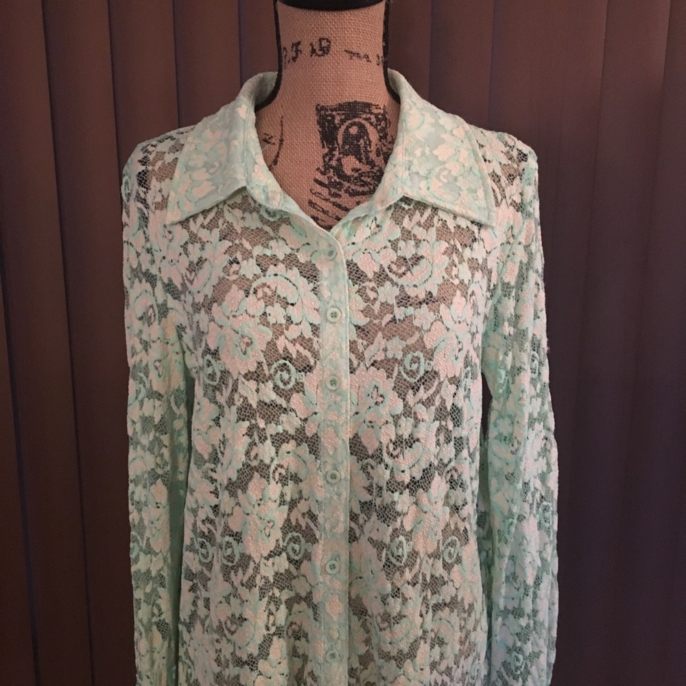 Mesmerize Mint Green/White Long Button Down Shirt
